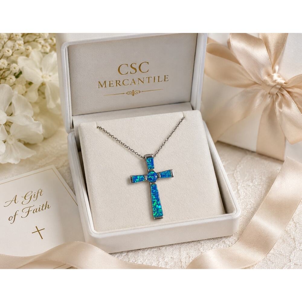 Y2K Sterling Silver Blue Opal Inlay Cross Necklace 925 FAS Faith Pendant